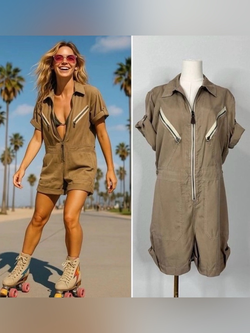 Polo by Ralph Lauren Taupe Short Sleeve Utility Romper